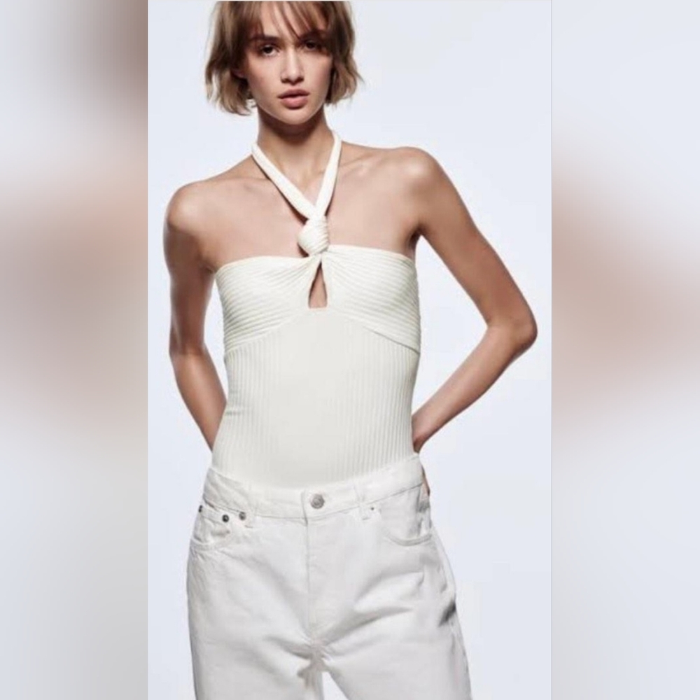 Zara Ribbed Knotted Front Bodysuit in Pearl White - Picture 2 of 8